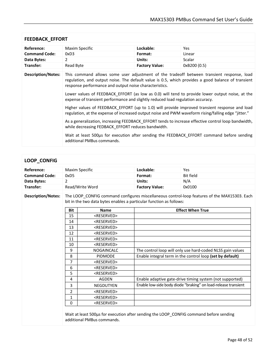 Feedback_effort, Loop_config | Maxim Integrated MAX15303 PMBus Command Set User Manual | Page 48 / 52
