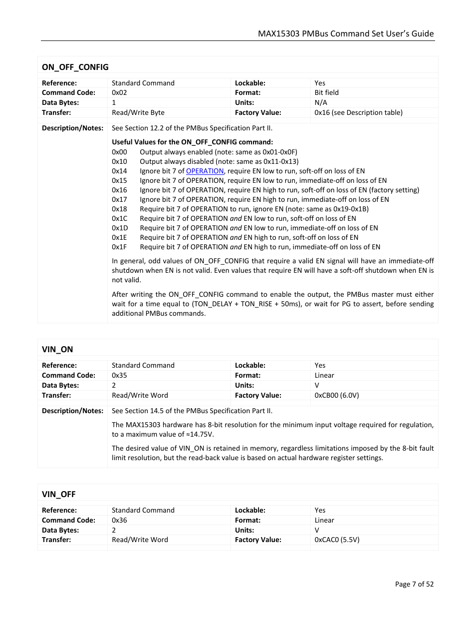 On_off_config, Vin_on, Vin_off | Maxim Integrated MAX15303 PMBus Command Set User Manual | Page 7 / 52