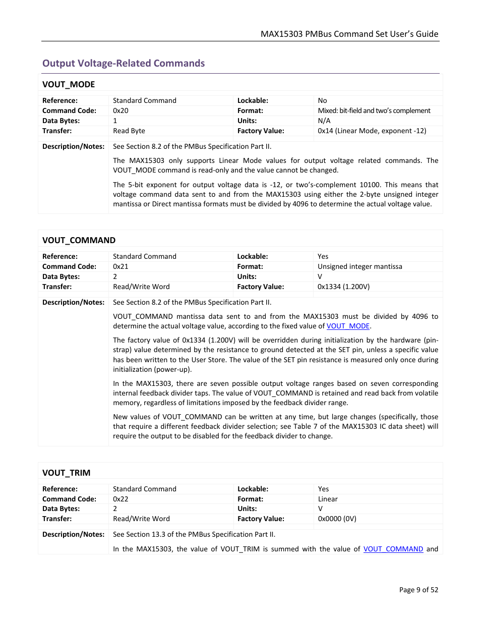 Output voltage-related commands, Vout_mode, Vout_command | Vout_trim | Maxim Integrated MAX15303 PMBus Command Set User Manual | Page 9 / 52