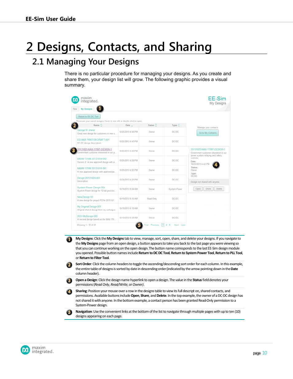 2 designs, contacts, and sharing, 1 managing your designs, 2 .1 managing your designs | Maxim Integrated EE-Sim User Manual | Page 10 / 44