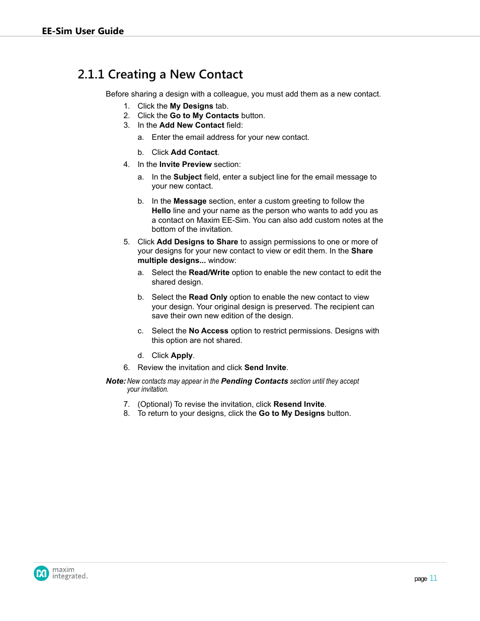 1 creating a new contact, 2 .1 .1 creating a new contact | Maxim Integrated EE-Sim User Manual | Page 11 / 44