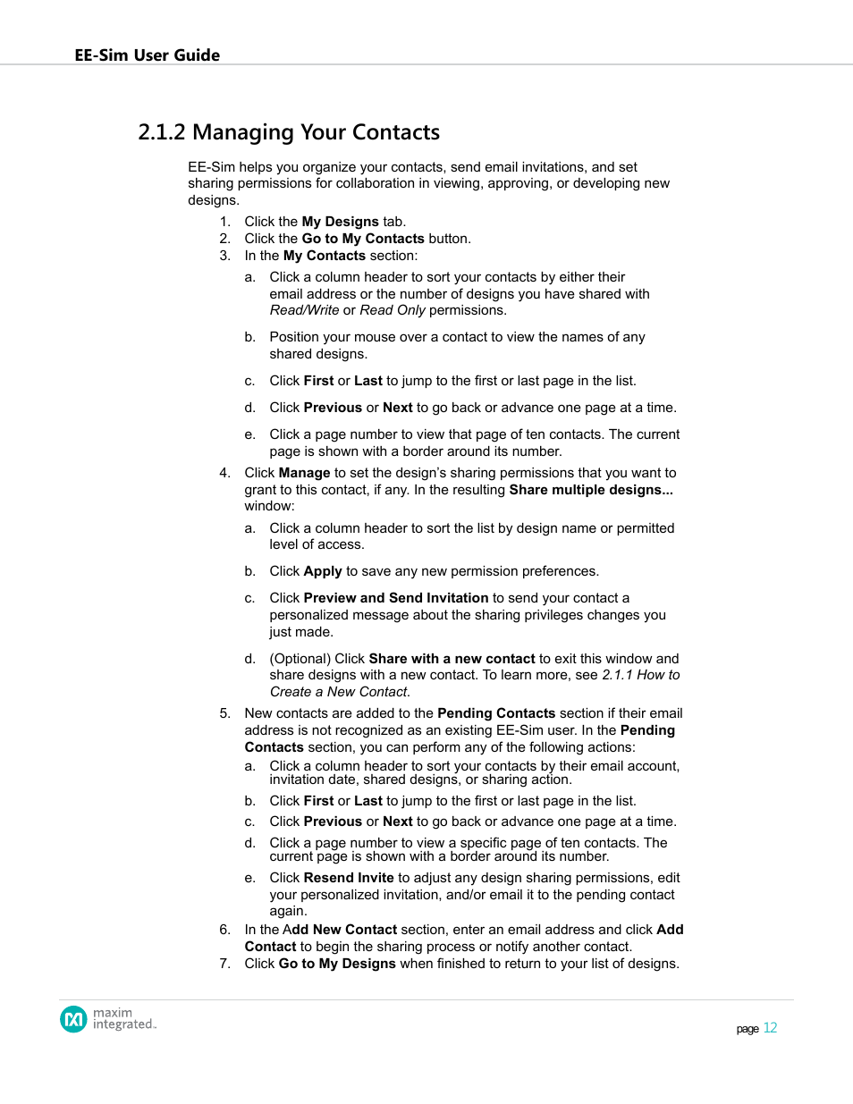 2 managing your contacts, 2 .1 .2 managing your contacts | Maxim Integrated EE-Sim User Manual | Page 12 / 44