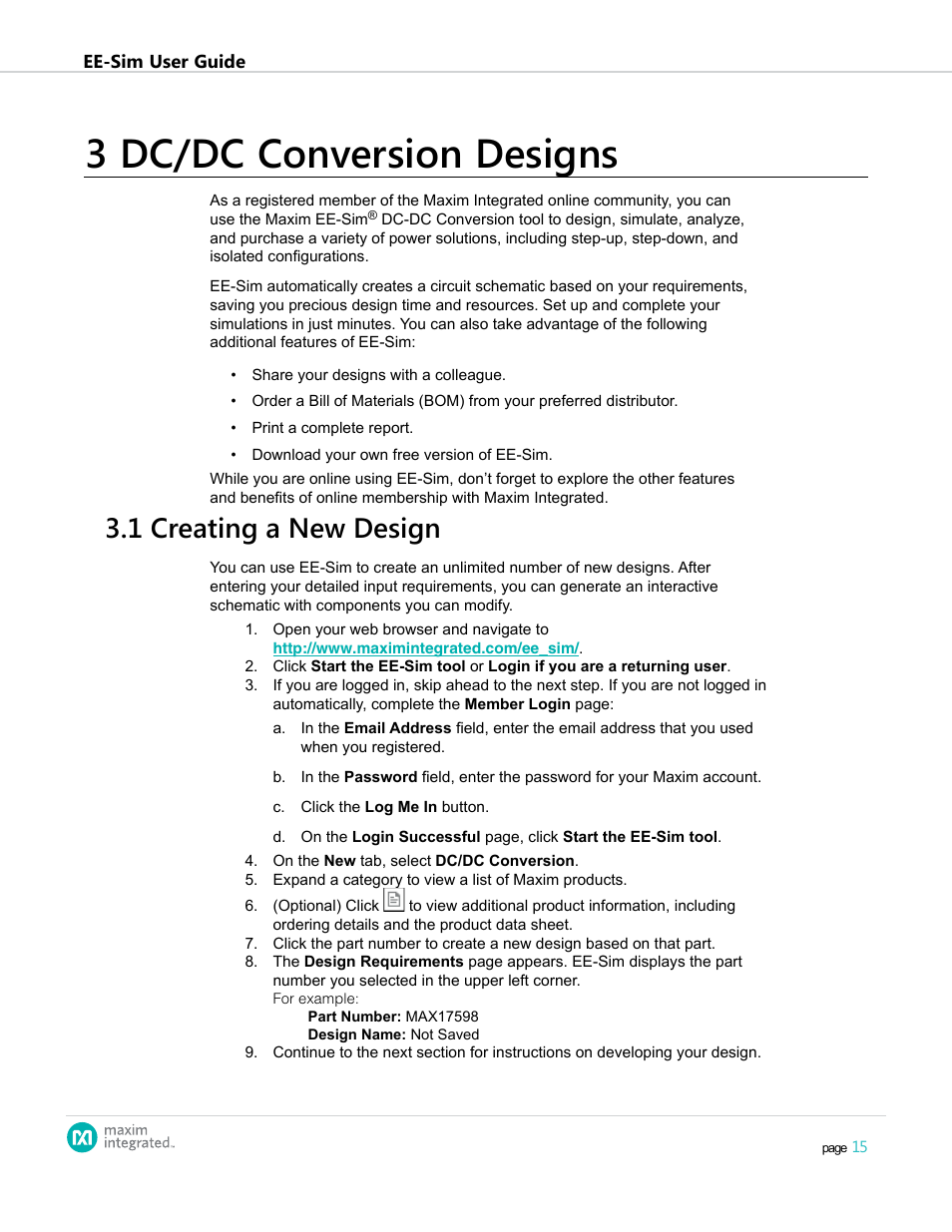3 dc/dc conversion designs, 1 creating a new design, 3 .1 creating a new design | Maxim Integrated EE-Sim User Manual | Page 15 / 44