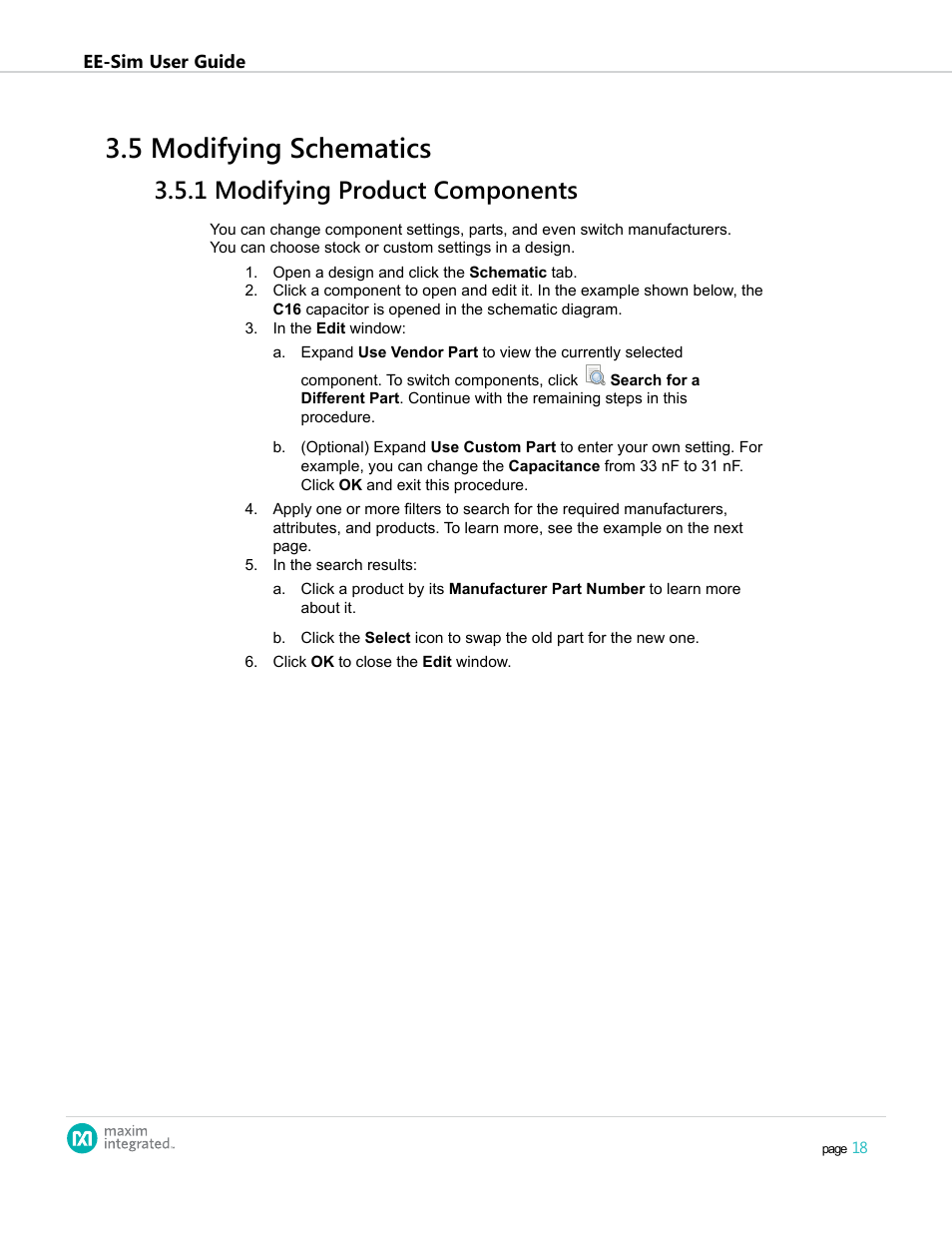 5 modifying schematics, 1 modifying product components, 3 .5 modifying schematics | 3 .5 .1 modifying product components | Maxim Integrated EE-Sim User Manual | Page 18 / 44
