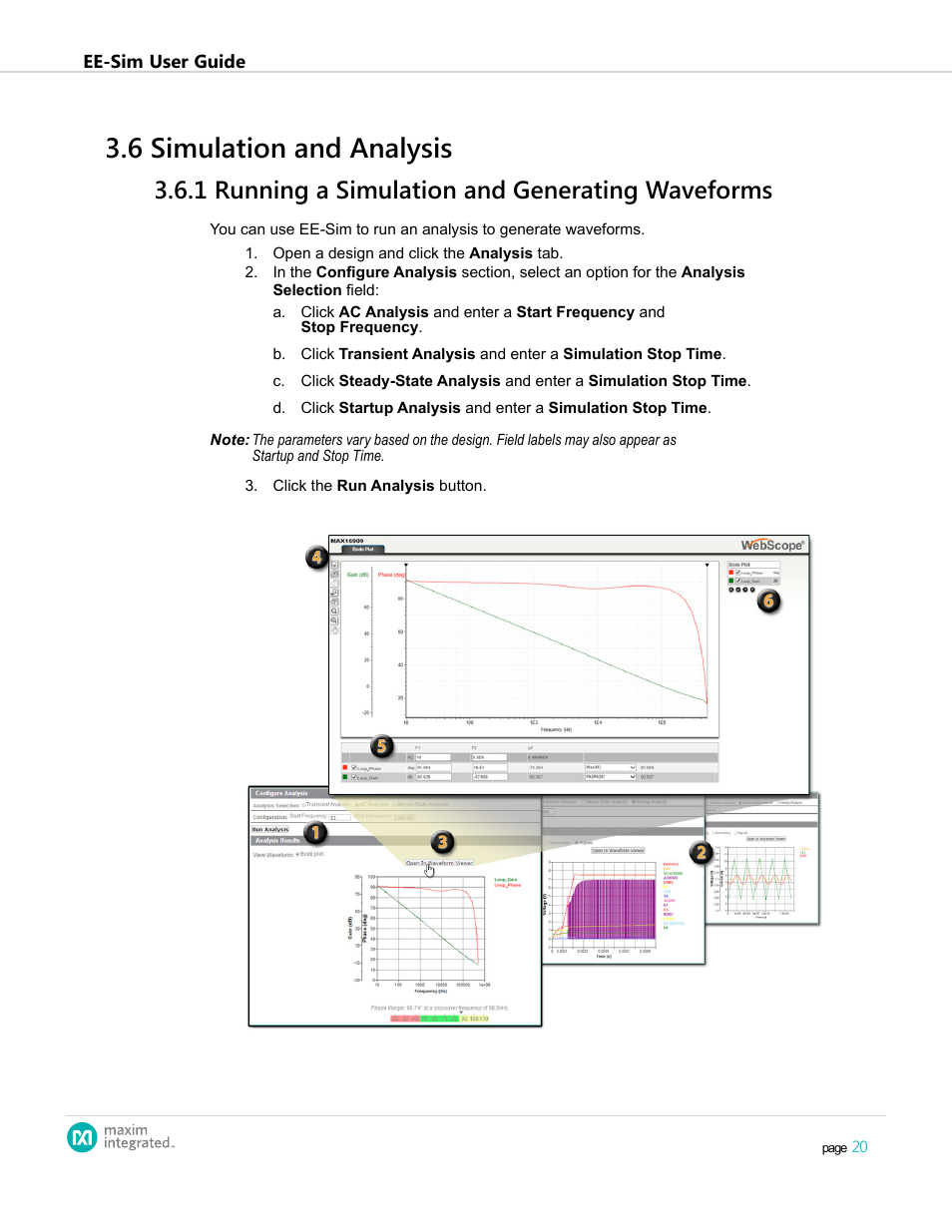 6 simulation and analysis, 1 running a simulation and generating waveforms, 3 .6 simulation and analysis | Maxim Integrated EE-Sim User Manual | Page 20 / 44