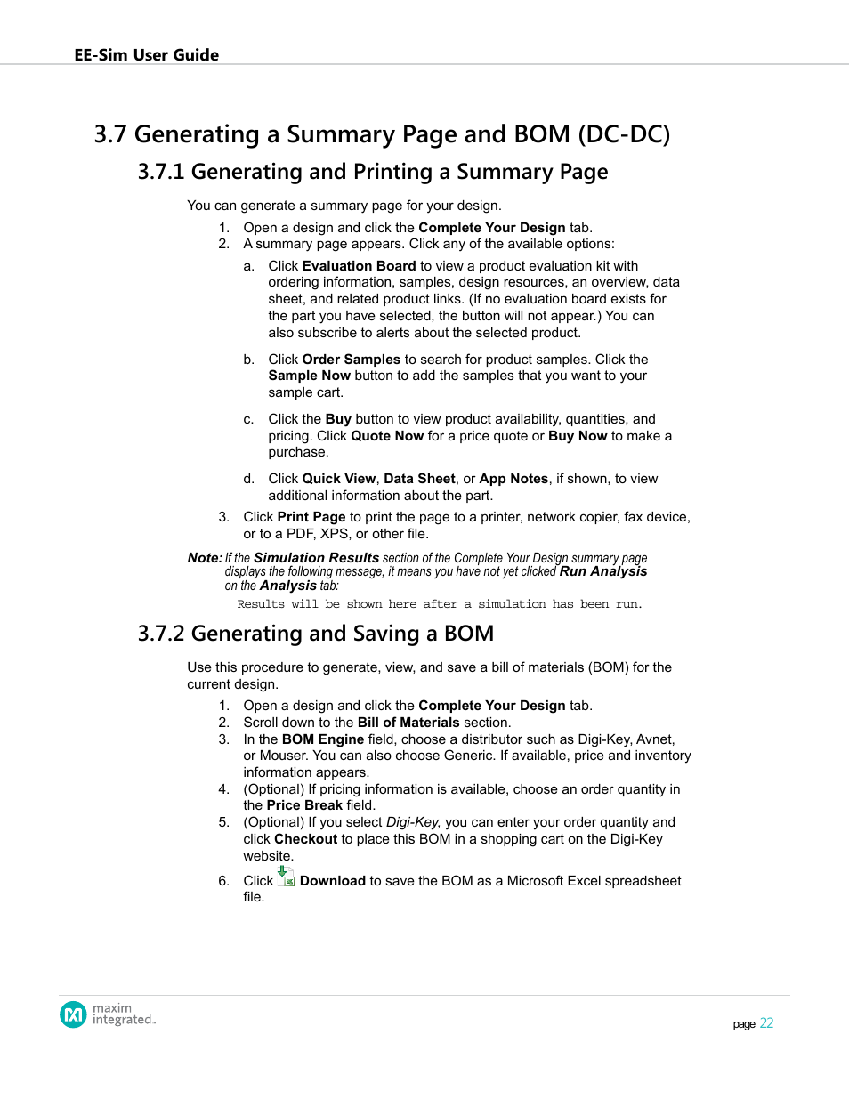 2 generating and saving a bom, 7 generating a summary page and bom (dc-dc), 1 generating and printing a summary page | Maxim Integrated EE-Sim User Manual | Page 22 / 44