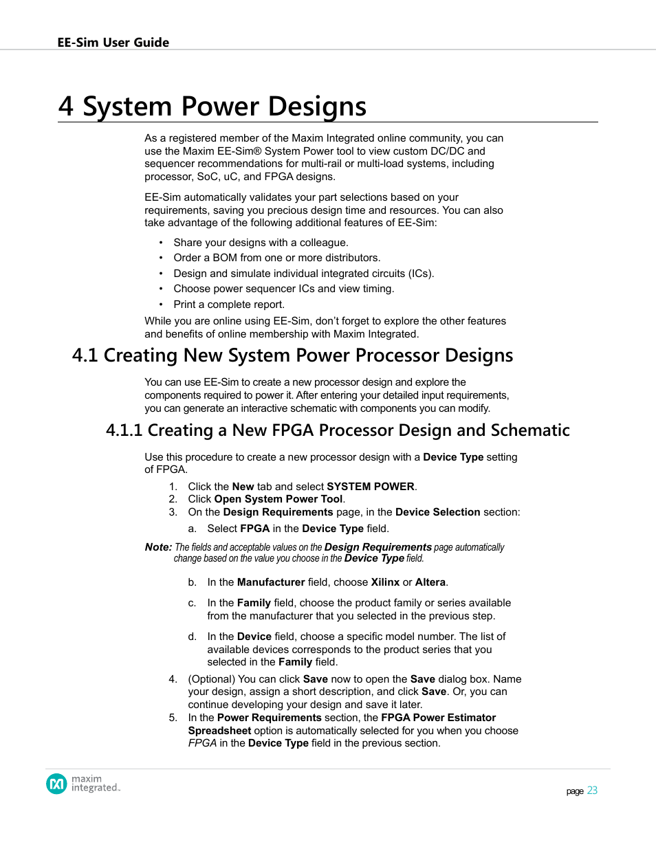 4 system power designs, 1 creating new system power processor designs, 4 .1 creating new system power processor designs | Maxim Integrated EE-Sim User Manual | Page 23 / 44