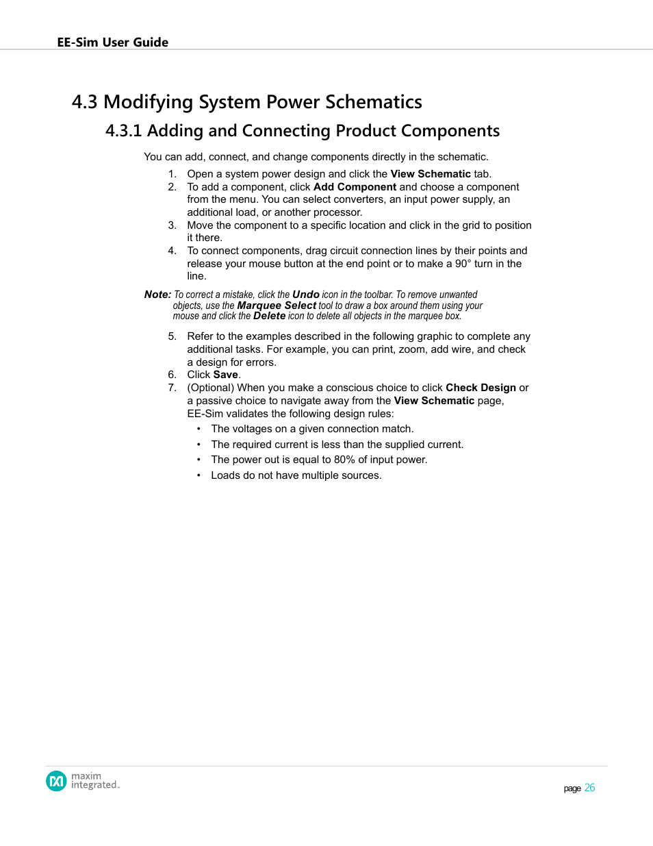 3 modifying system power schematics, 1 adding and connecting product components, 4 .3 modifying system power schematics | 4 .3 .1 adding and connecting product components | Maxim Integrated EE-Sim User Manual | Page 26 / 44