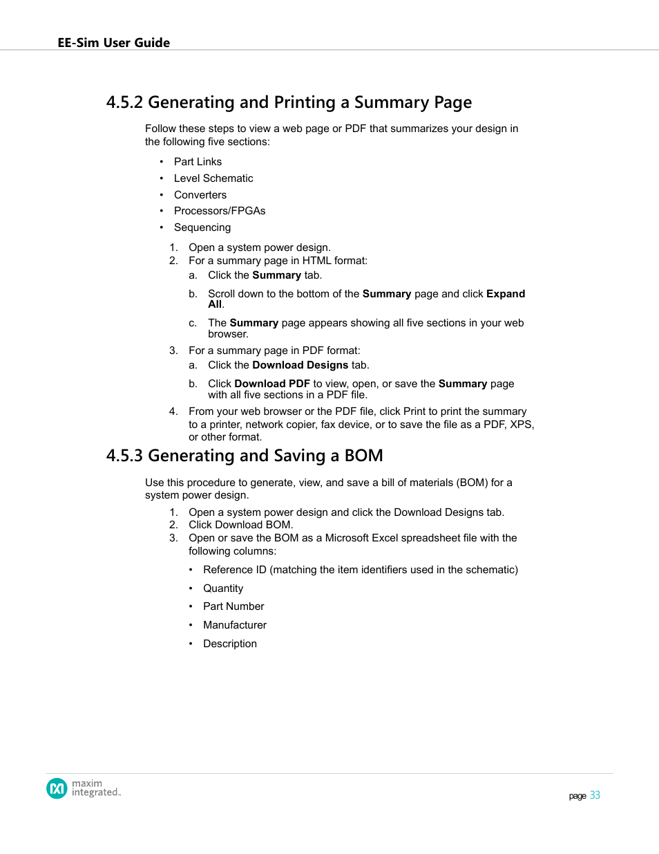 3 generating and saving a bom, 2 generating and printing a summary page | Maxim Integrated EE-Sim User Manual | Page 33 / 44