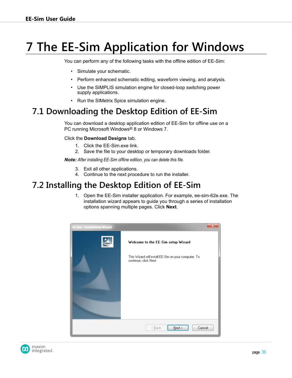 7 the ee-sim application for windows, 1 downloading the desktop edition of ee-sim, 2 installing the desktop edition of ee-sim | Maxim Integrated EE-Sim User Manual | Page 36 / 44