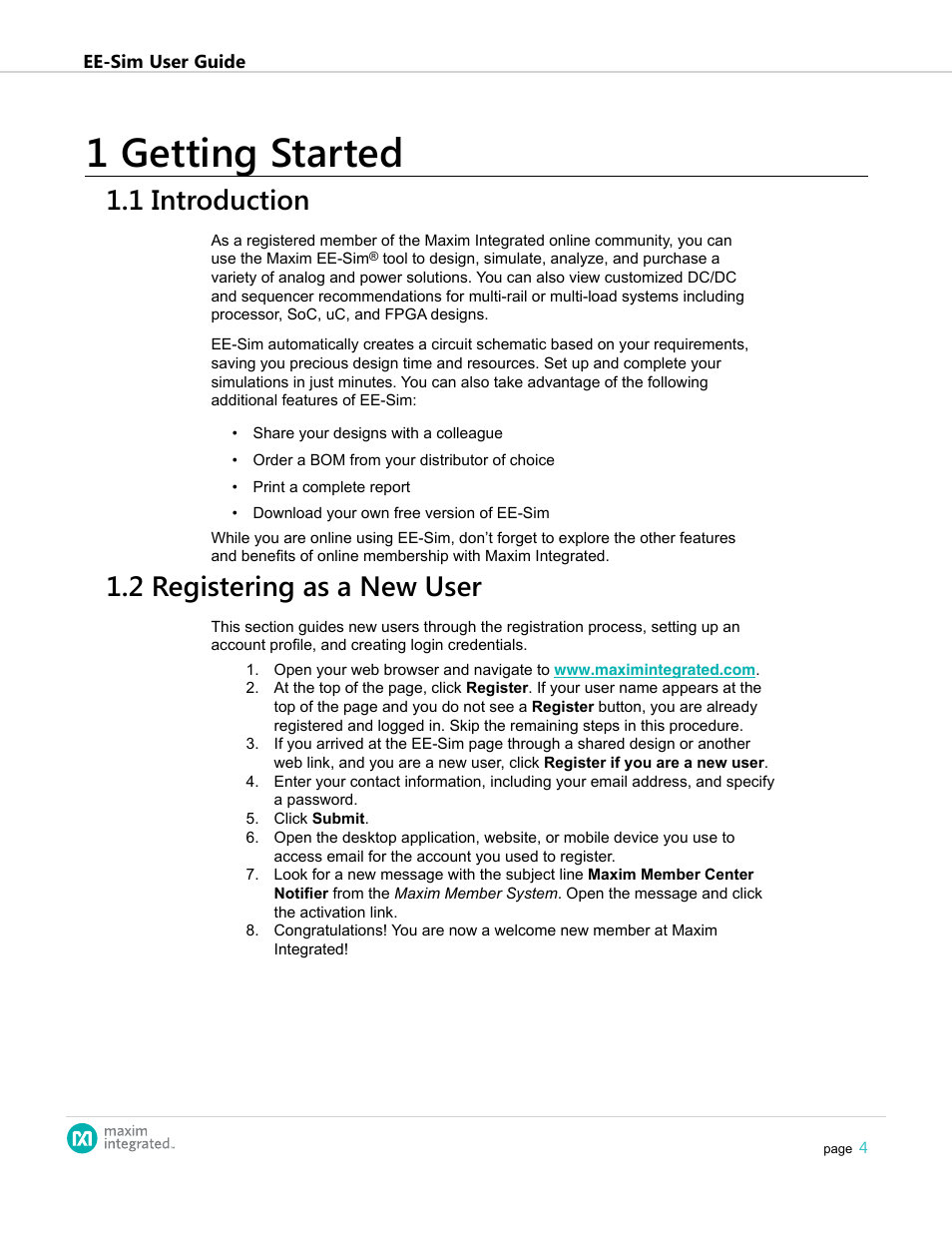 1 getting started, 1 introduction, 2 registering as a new user | 1 .1 introduction 1 .2 registering as a new user | Maxim Integrated EE-Sim User Manual | Page 4 / 44