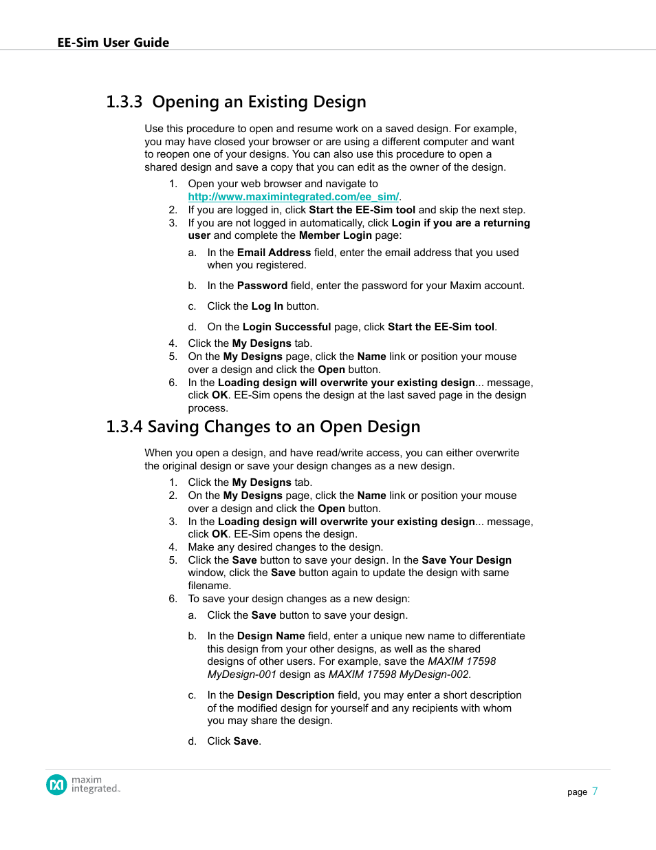 3 opening an existing design, 4 saving changes to an open design | Maxim Integrated EE-Sim User Manual | Page 7 / 44
