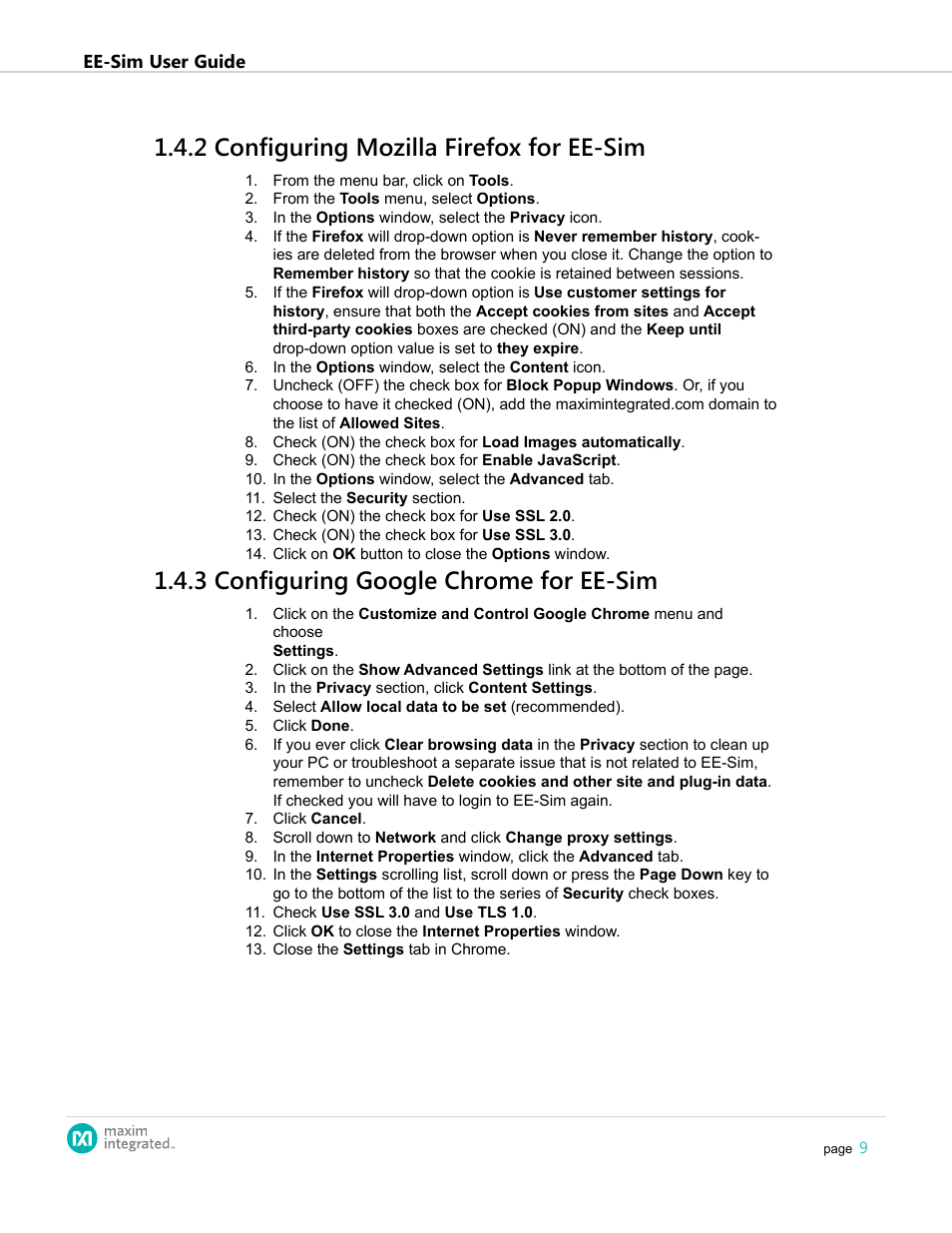 2 configuring mozilla firefox for ee-sim, 3 configuring google chrome for ee-sim | Maxim Integrated EE-Sim User Manual | Page 9 / 44