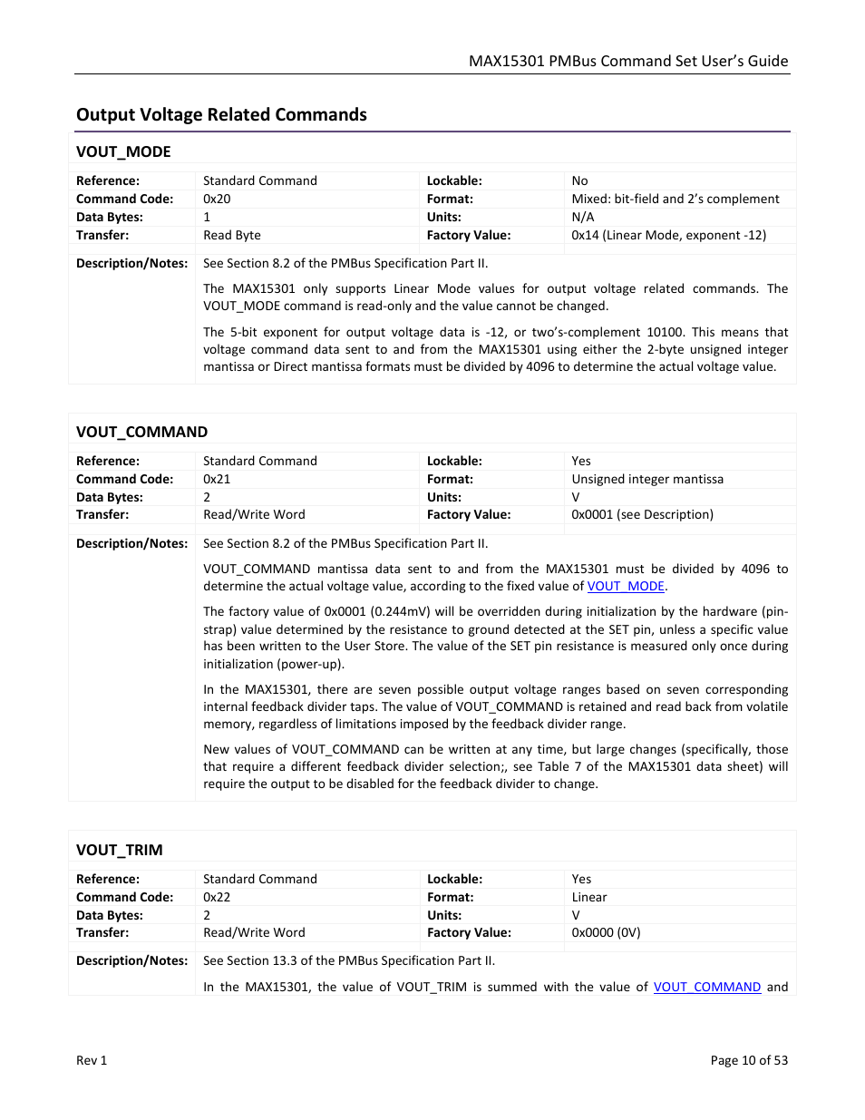 Output voltage related commands, Vout_mode, Vout_command | Vout_trim | Maxim Integrated MAX15301 PMBus Command Set User Manual | Page 10 / 53