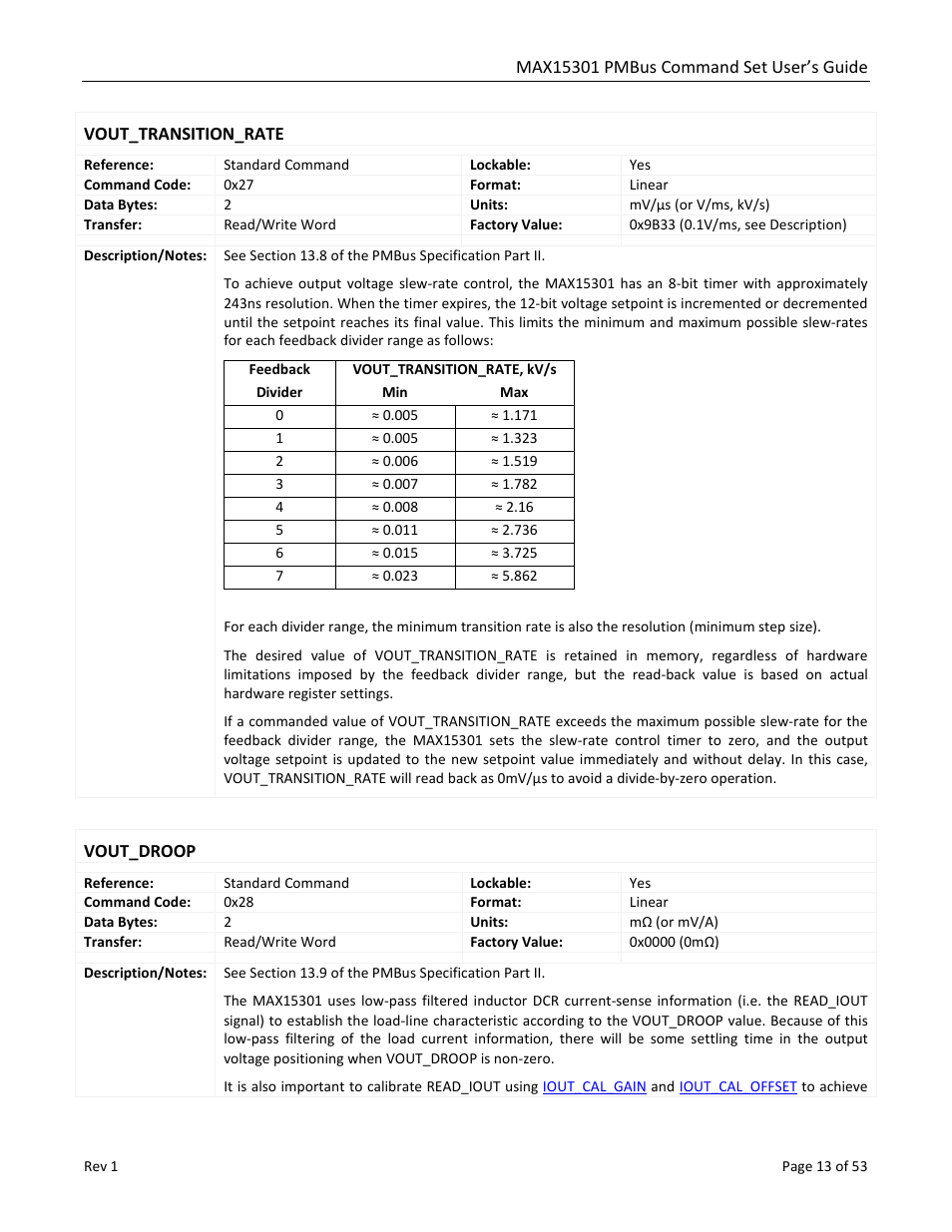 Vout_transition_rate, Vout_droop | Maxim Integrated MAX15301 PMBus Command Set User Manual | Page 13 / 53