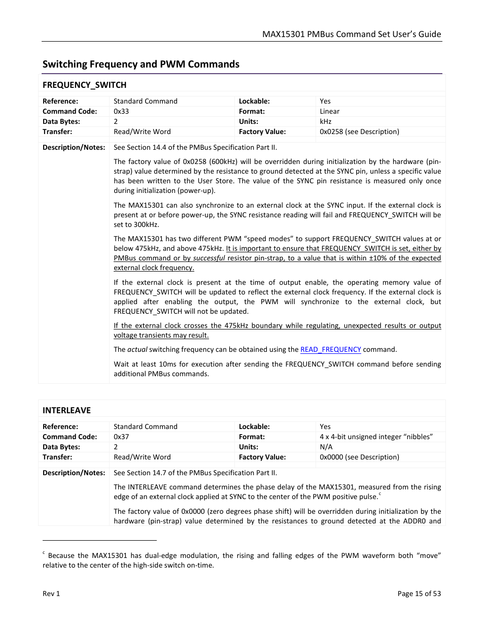 Switching frequency and pwm commands, Frequency_switch, Interleave | Maxim Integrated MAX15301 PMBus Command Set User Manual | Page 15 / 53