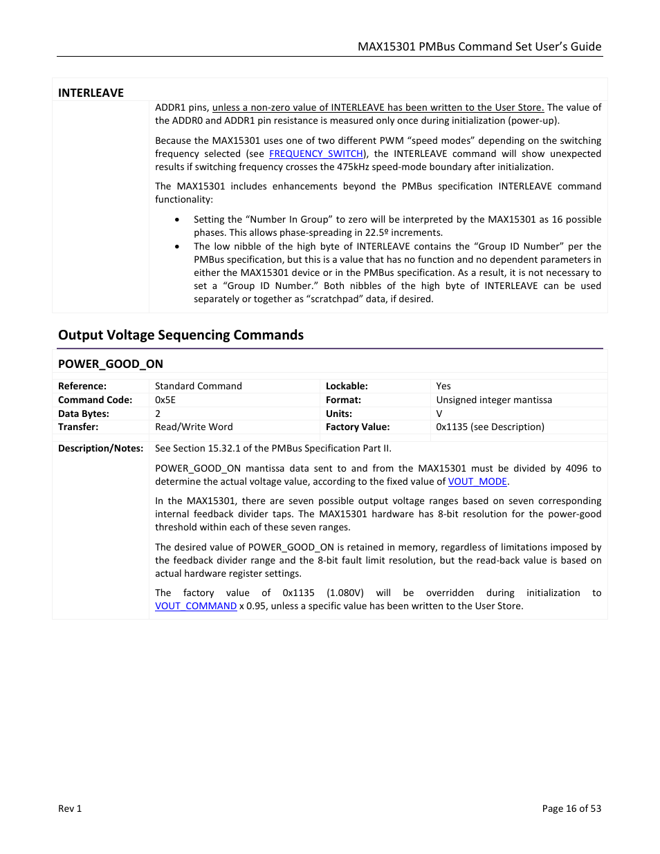 Interleave, Output voltage sequencing commands, Power_good_on | Maxim Integrated MAX15301 PMBus Command Set User Manual | Page 16 / 53