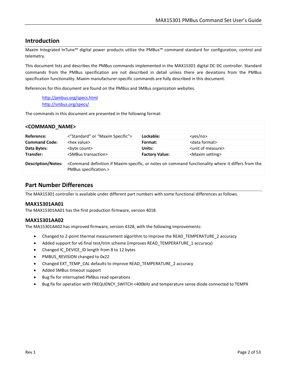 Introduction, Part number differences, Max15301aa01 | Max15301aa02 | Maxim Integrated MAX15301 PMBus Command Set User Manual | Page 2 / 53