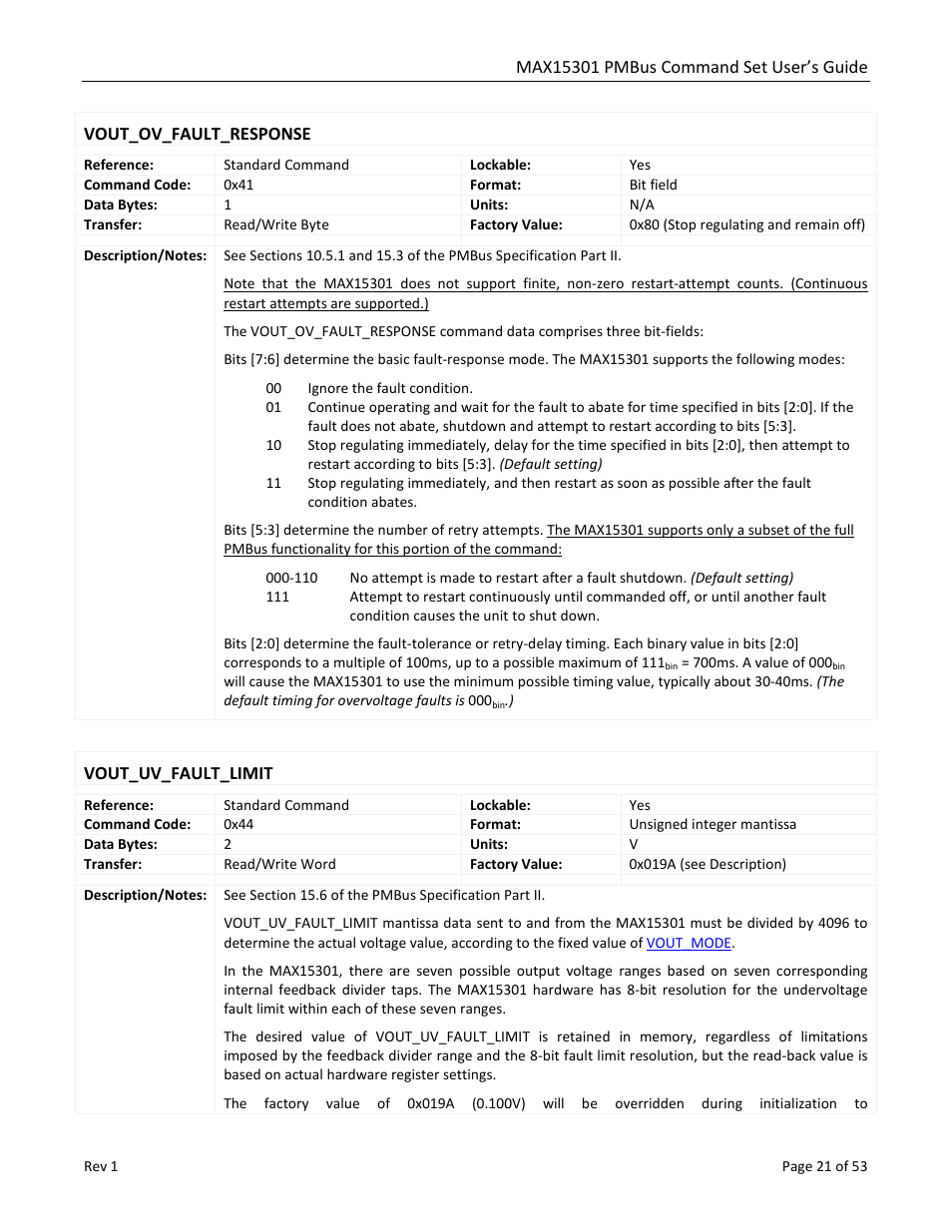 Vout_ov_fault_response, Vout_uv_fault_limit | Maxim Integrated MAX15301 PMBus Command Set User Manual | Page 21 / 53