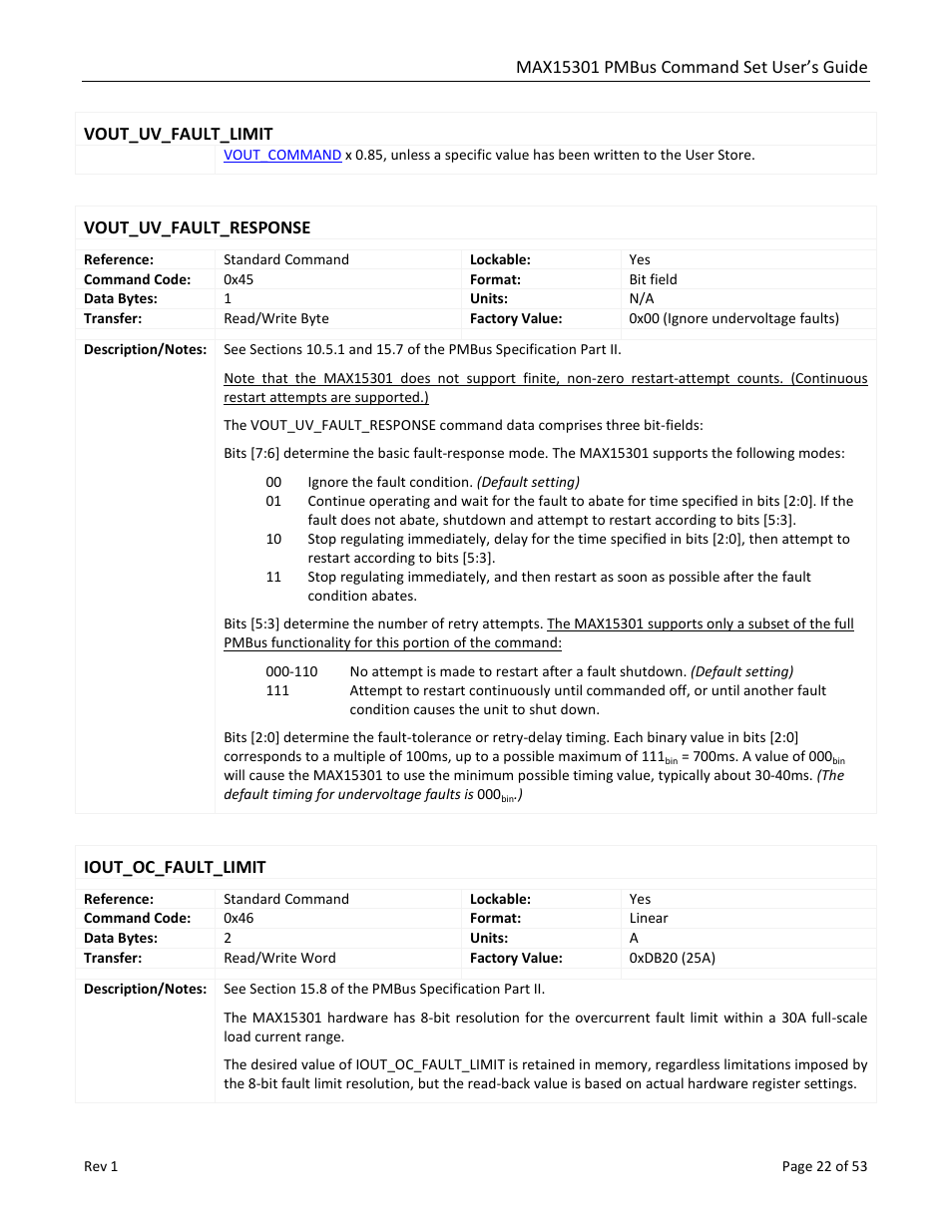 Vout_uv_fault_limit, Vout_uv_fault_response, Iout_oc_fault_limit | Maxim Integrated MAX15301 PMBus Command Set User Manual | Page 22 / 53
