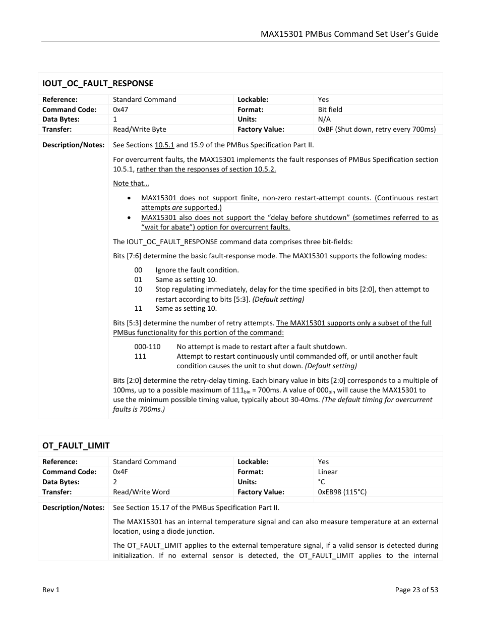 Iout_oc_fault_response, Ot_fault_limit | Maxim Integrated MAX15301 PMBus Command Set User Manual | Page 23 / 53