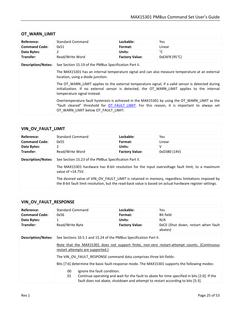 Ot_warn_limit, Vin_ov_fault_limit, Vin_ov_fault_response | Maxim Integrated MAX15301 PMBus Command Set User Manual | Page 25 / 53