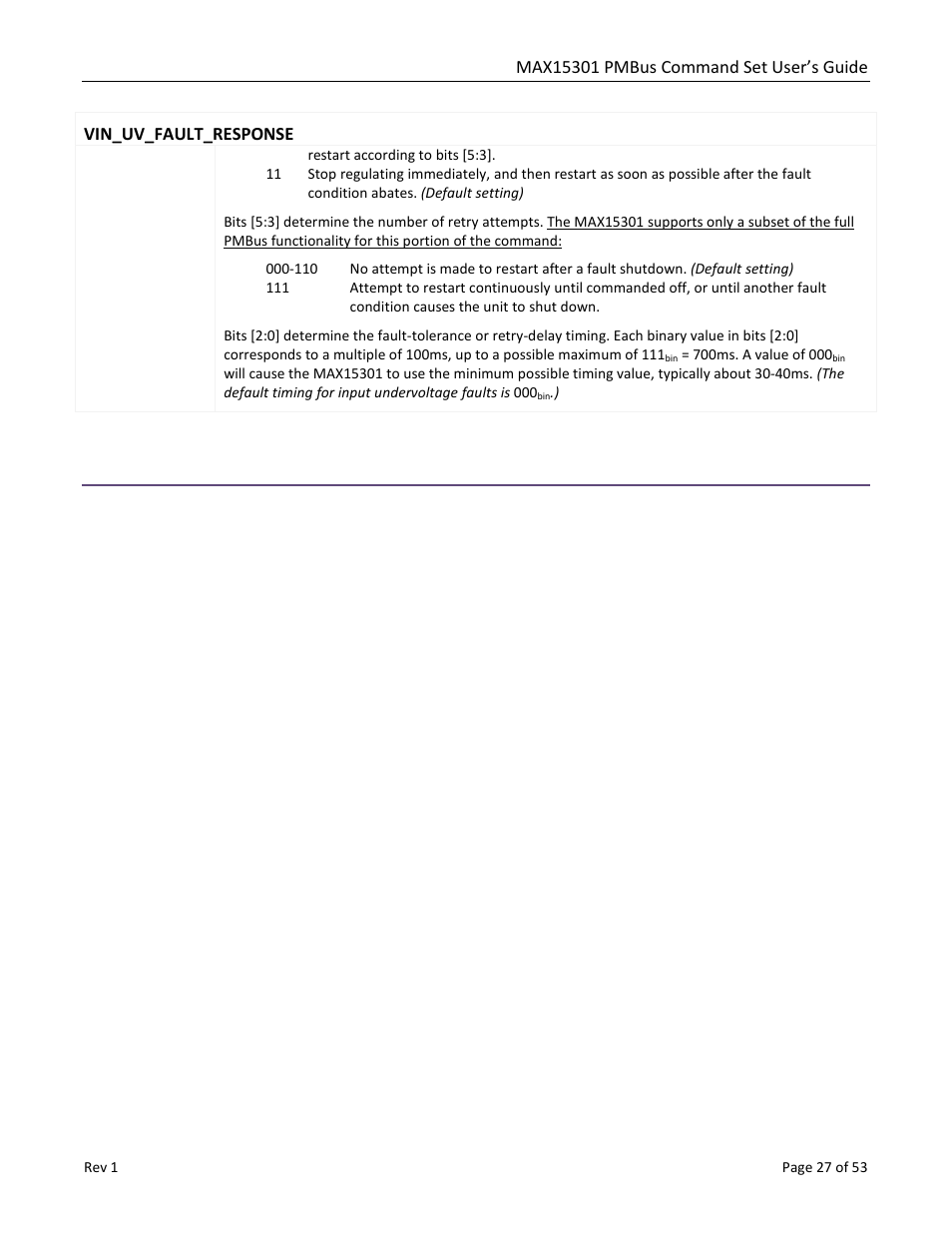 Vin_uv_fault_response | Maxim Integrated MAX15301 PMBus Command Set User Manual | Page 27 / 53