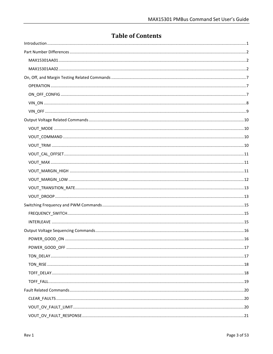 Maxim Integrated MAX15301 PMBus Command Set User Manual | Page 3 / 53