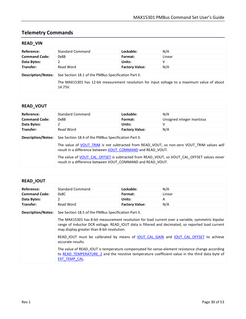 Telemetry commands, Read_vin, Read_vout | Read_iout | Maxim Integrated MAX15301 PMBus Command Set User Manual | Page 30 / 53