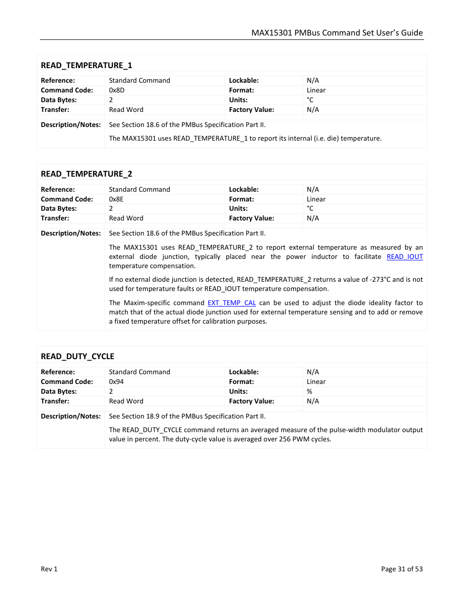 Read_temperature_1, Read_temperature_2, Read_duty_cycle | Read_frequency | Maxim Integrated MAX15301 PMBus Command Set User Manual | Page 31 / 53