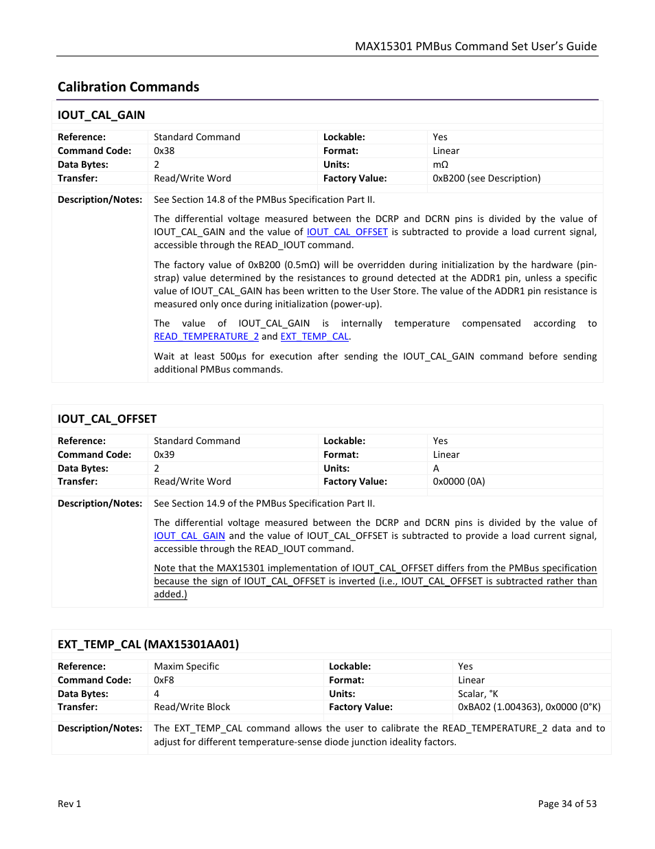 Calibration commands, Iout_cal_gain, Iout_cal_offset | Ext_temp_cal (max15301aa01), Ext_temp_cal | Maxim Integrated MAX15301 PMBus Command Set User Manual | Page 34 / 53