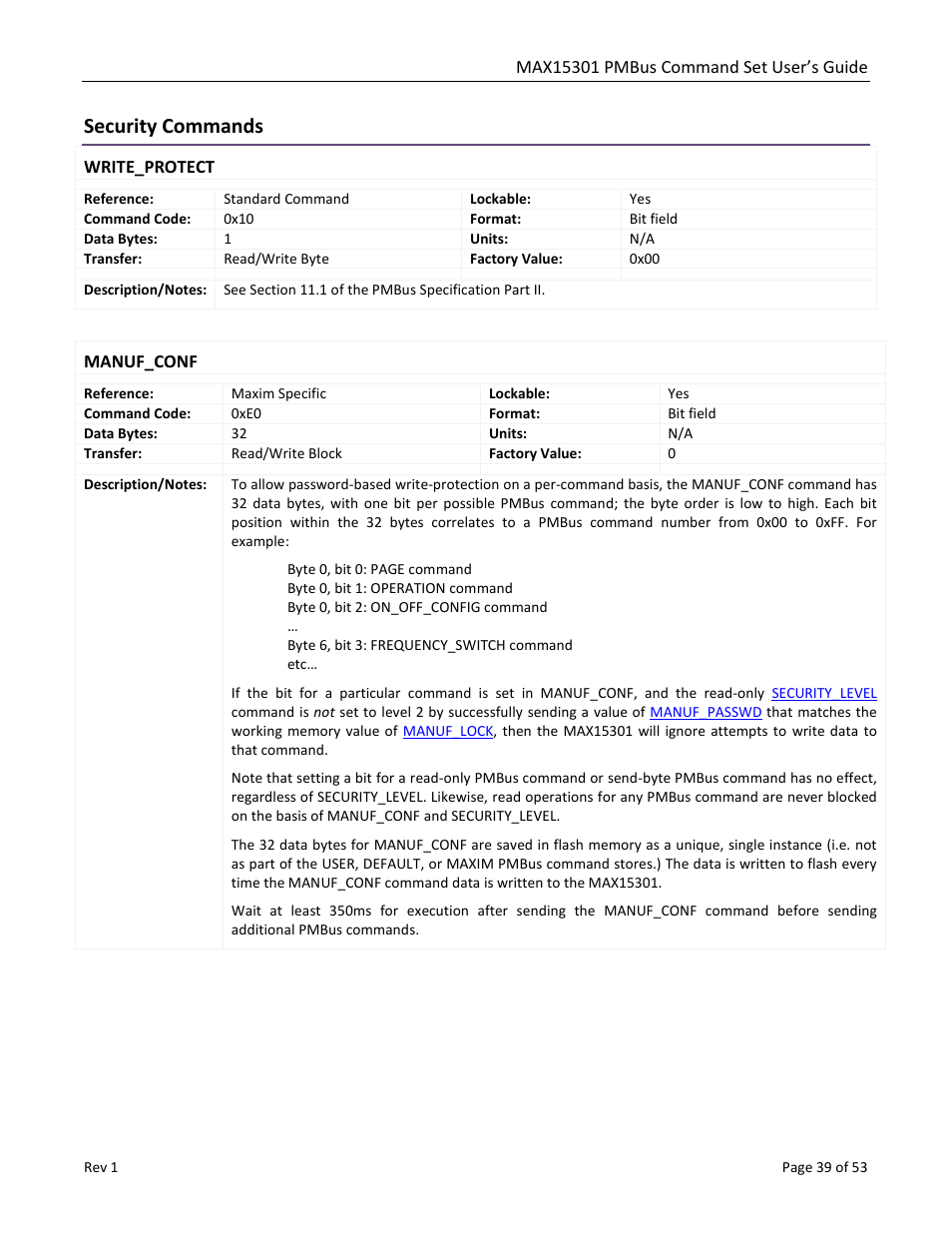 Security commands, Write_protect, Manuf_conf | Maxim Integrated MAX15301 PMBus Command Set User Manual | Page 39 / 53