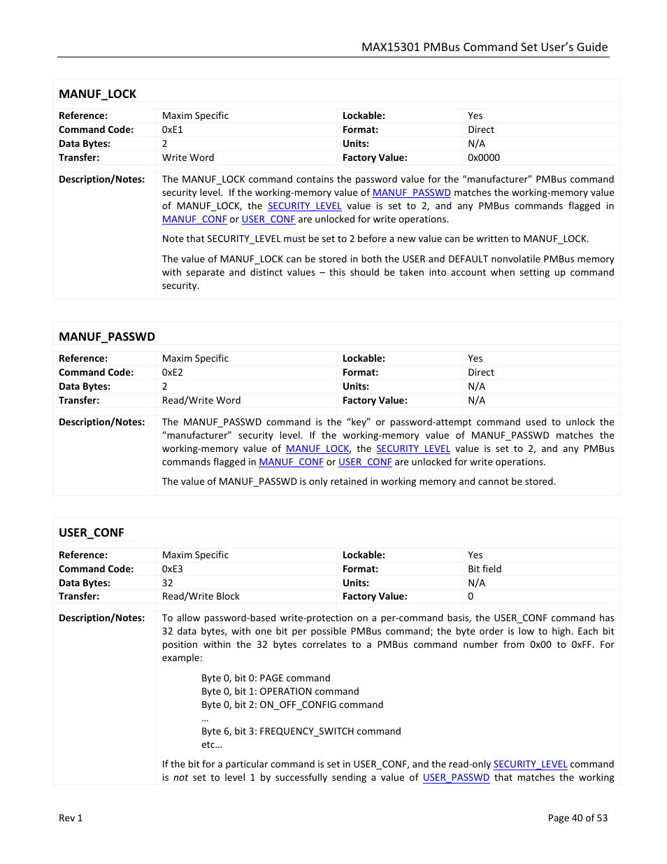 Manuf_lock, Manuf_passwd, User_conf | Maxim Integrated MAX15301 PMBus Command Set User Manual | Page 40 / 53