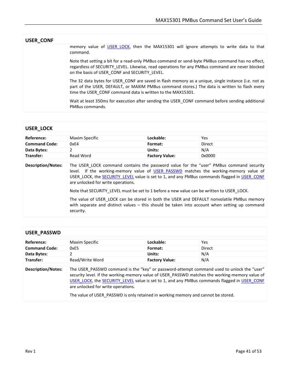 User_conf, User_lock, User_passwd | Security_level | Maxim Integrated MAX15301 PMBus Command Set User Manual | Page 41 / 53