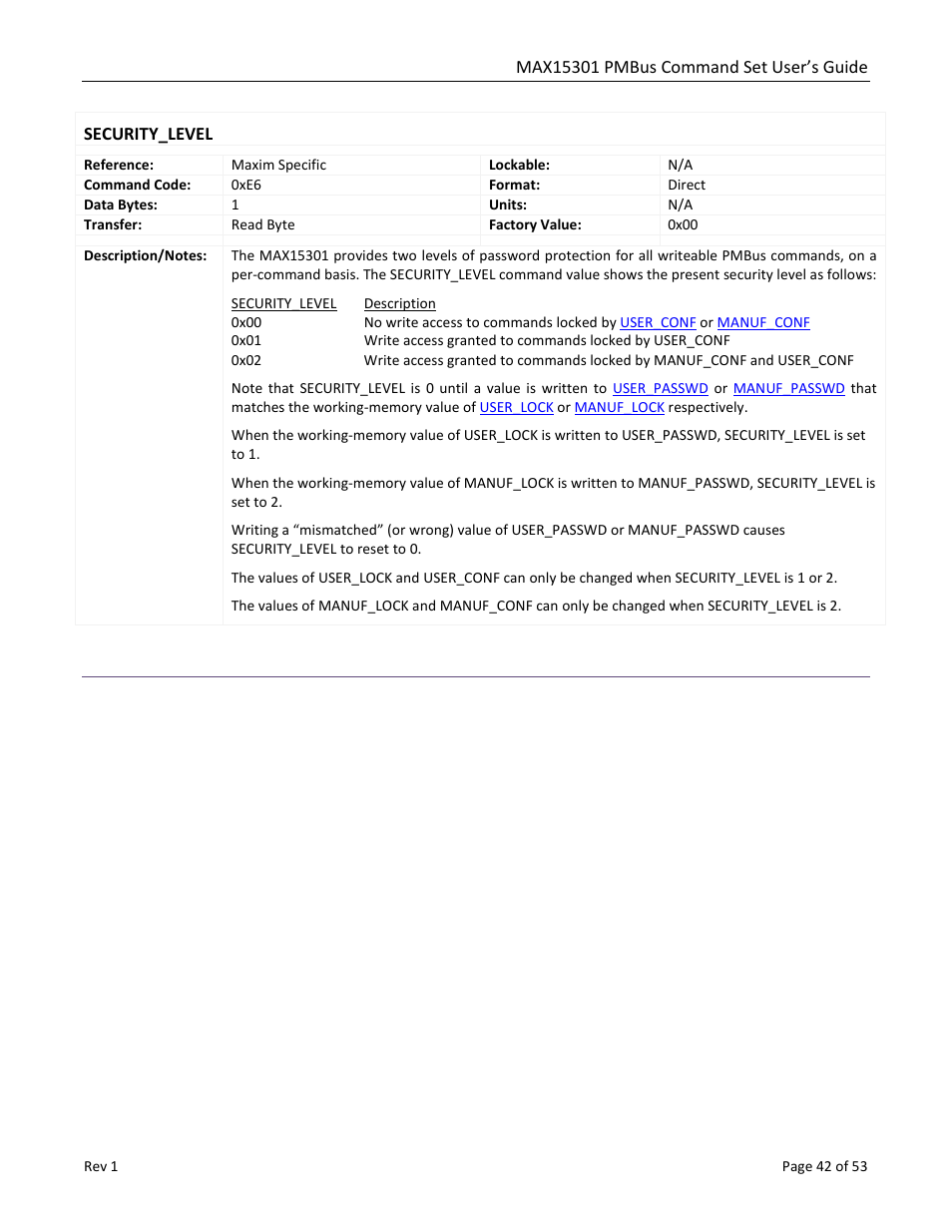 Security_level | Maxim Integrated MAX15301 PMBus Command Set User Manual | Page 42 / 53