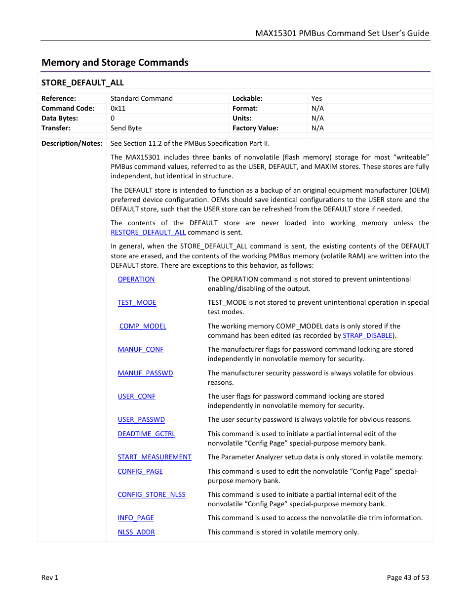 Memory and storage commands, Store_default_all | Maxim Integrated MAX15301 PMBus Command Set User Manual | Page 43 / 53