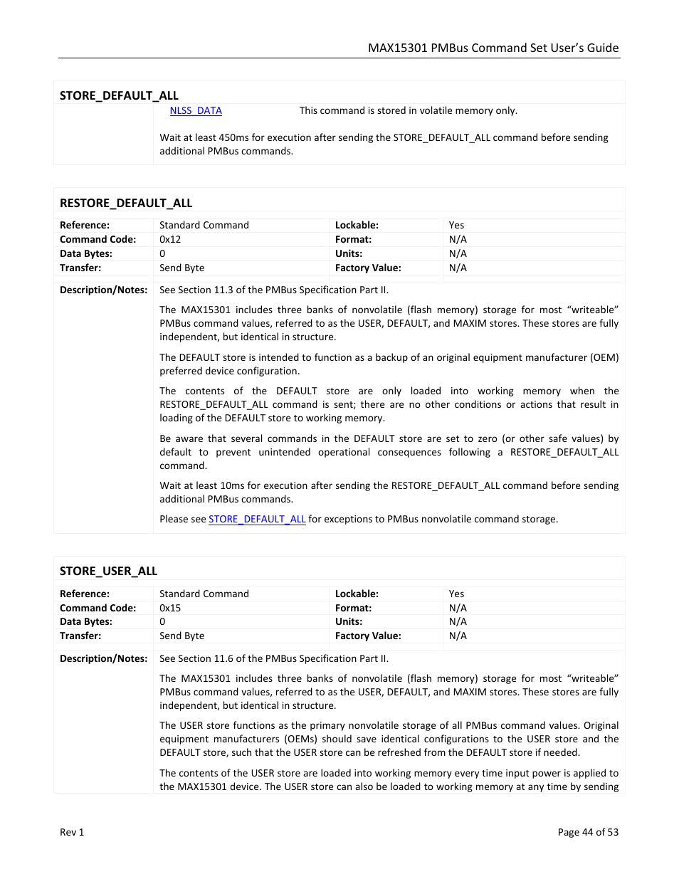 Store_default_all, Restore_default_all, Store_user_all | Maxim Integrated MAX15301 PMBus Command Set User Manual | Page 44 / 53