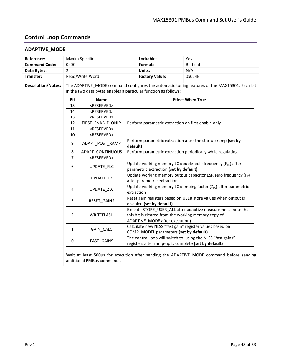 Control loop commands, Adaptive_mode, Ext_temp_cal | Maxim Integrated MAX15301 PMBus Command Set User Manual | Page 48 / 53
