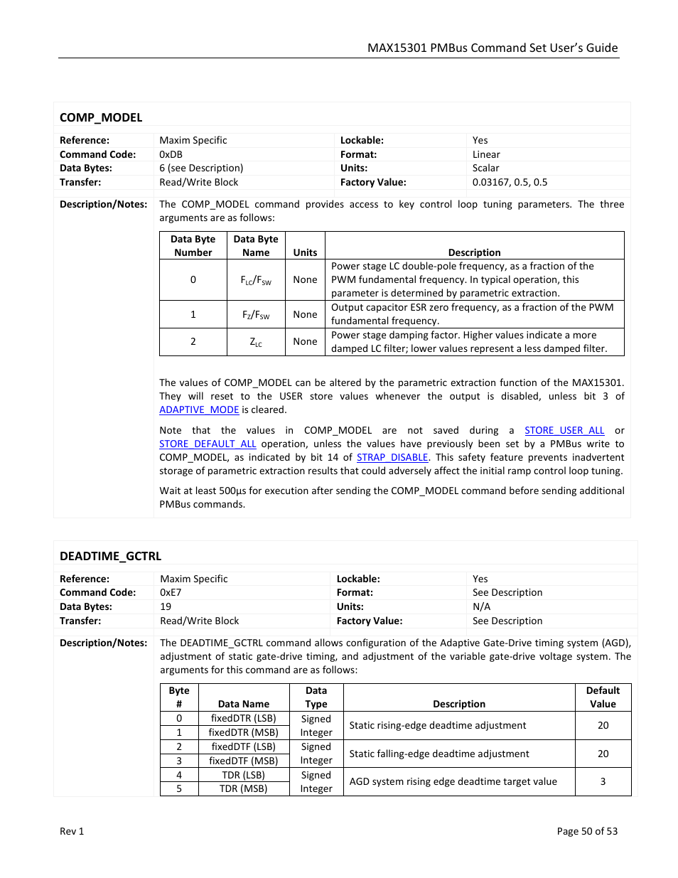 Comp_model, Deadtime_gctrl, Test_mode | Maxim Integrated MAX15301 PMBus Command Set User Manual | Page 50 / 53