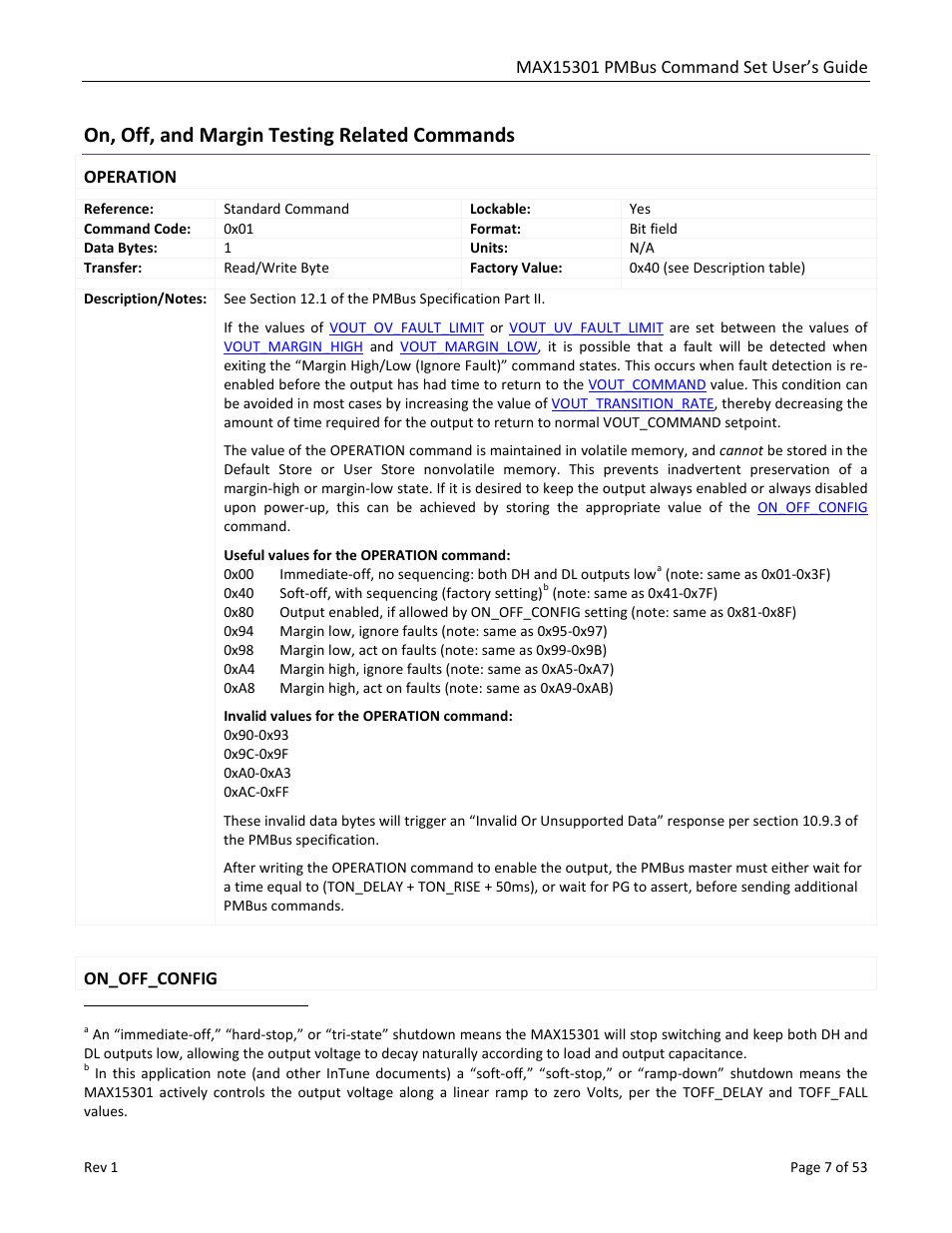 On, off, and margin testing related commands, Operation, On_off_config | Maxim Integrated MAX15301 PMBus Command Set User Manual | Page 7 / 53