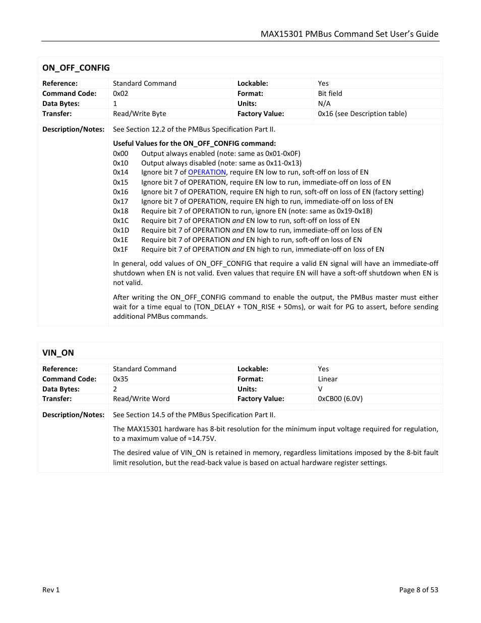 On_off_config, Vin_on | Maxim Integrated MAX15301 PMBus Command Set User Manual | Page 8 / 53