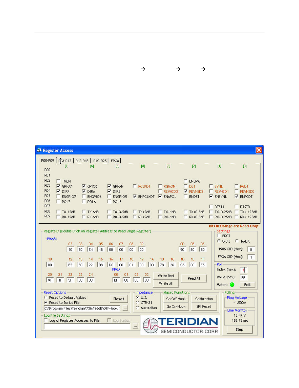 2 using the gui, Using the gui, Figure 1: register access screen – r00-r09 tab | Maxim Integrated 73M1966B User Manual | Page 8 / 18