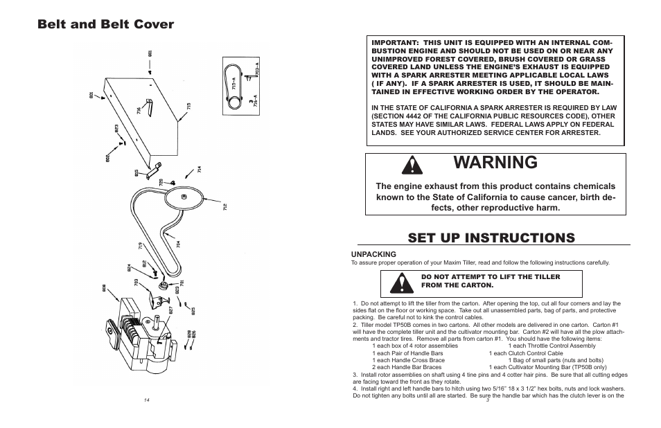 Warning, Set up instructions, Belt and belt cover | Maxim Manufacturing TP50B User Manual | Page 3 / 8