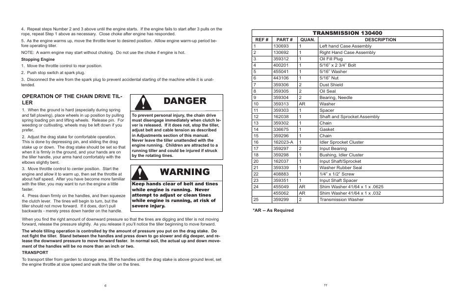Danger, Warning, Operation of the chain drive til- ler | Maxim Manufacturing TP50B User Manual | Page 6 / 8