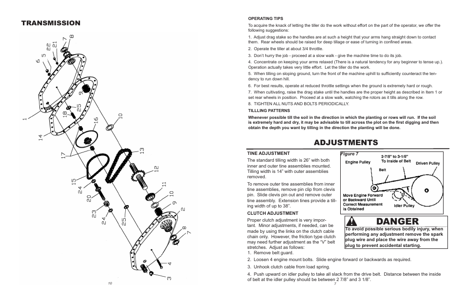 Danger, Adjustments, Transmission | Maxim Manufacturing TP50B User Manual | Page 7 / 8