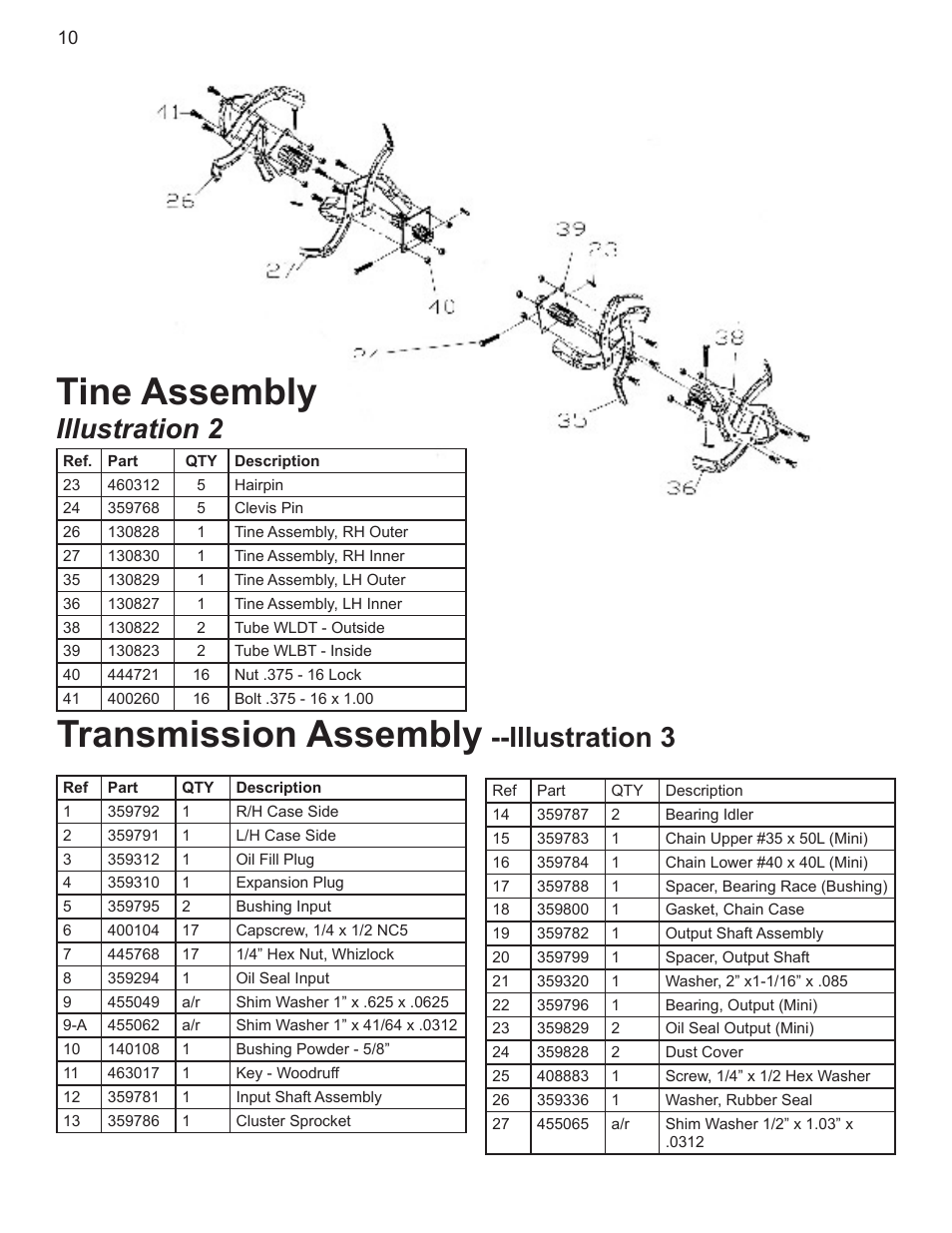 Tine assembly, Transmission assembly, Illustration 2 | Illustration 3 | Maxim Manufacturing M30B User Manual | Page 10 / 12