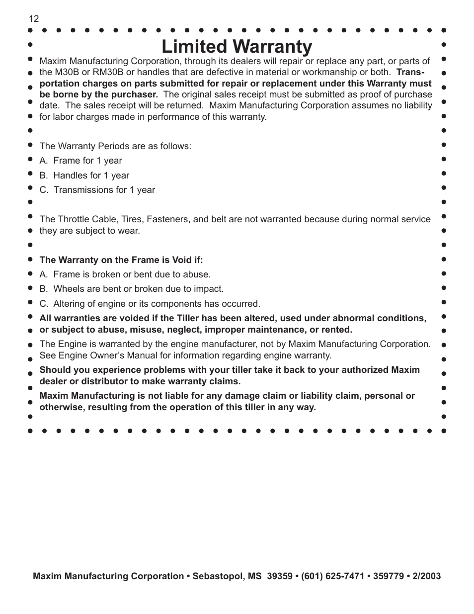 Limited warranty | Maxim Manufacturing M30B User Manual | Page 12 / 12