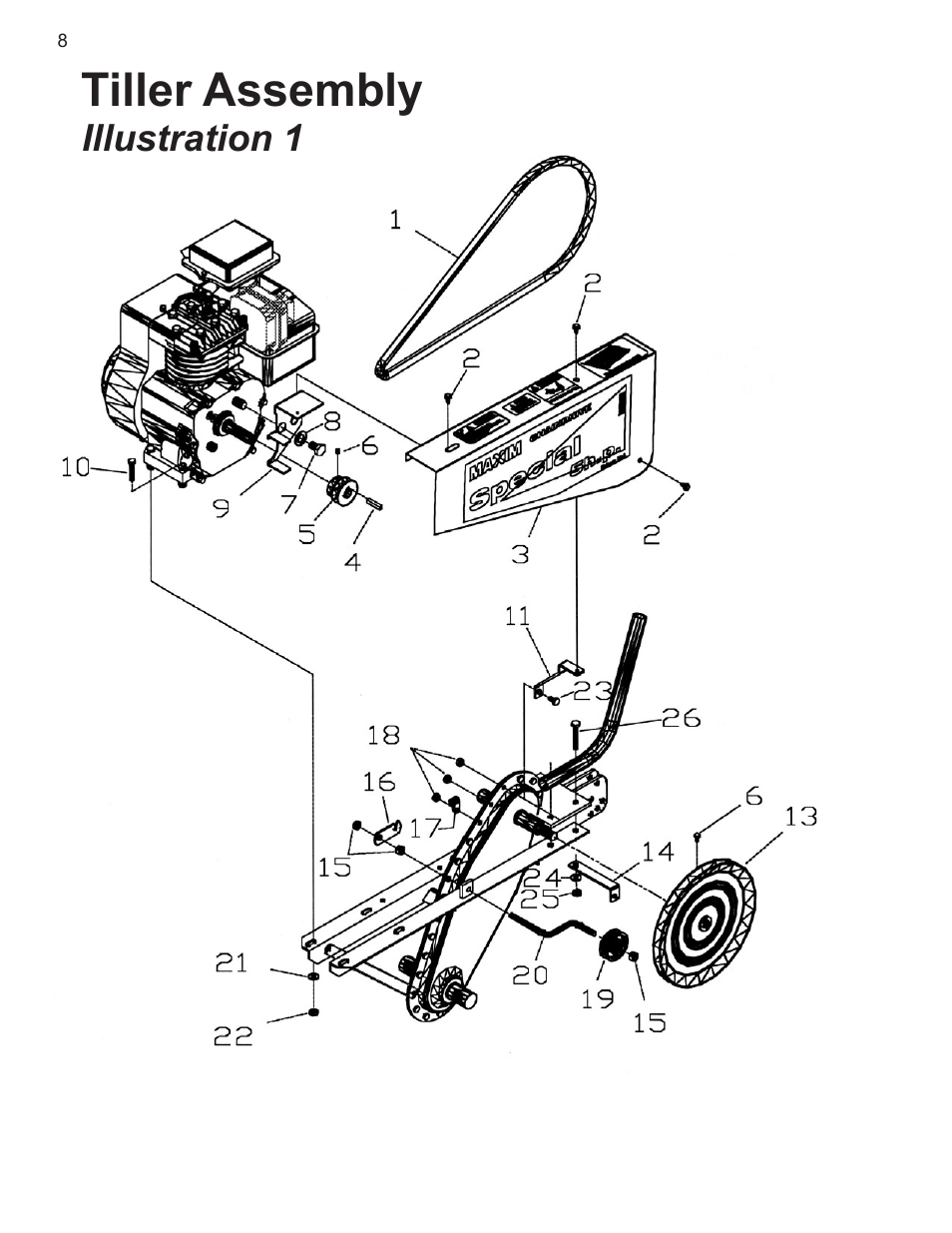 Tiller assembly | Maxim Manufacturing M30B User Manual | Page 8 / 12