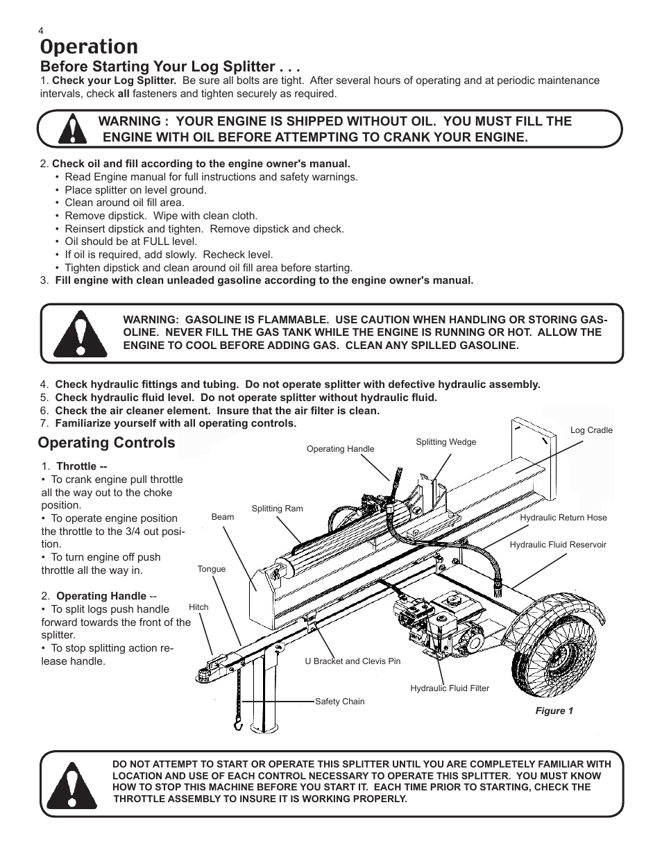 Operation, Before starting your log splitter, Operating controls | Maxim Manufacturing LSM Series User Manual | Page 4 / 12