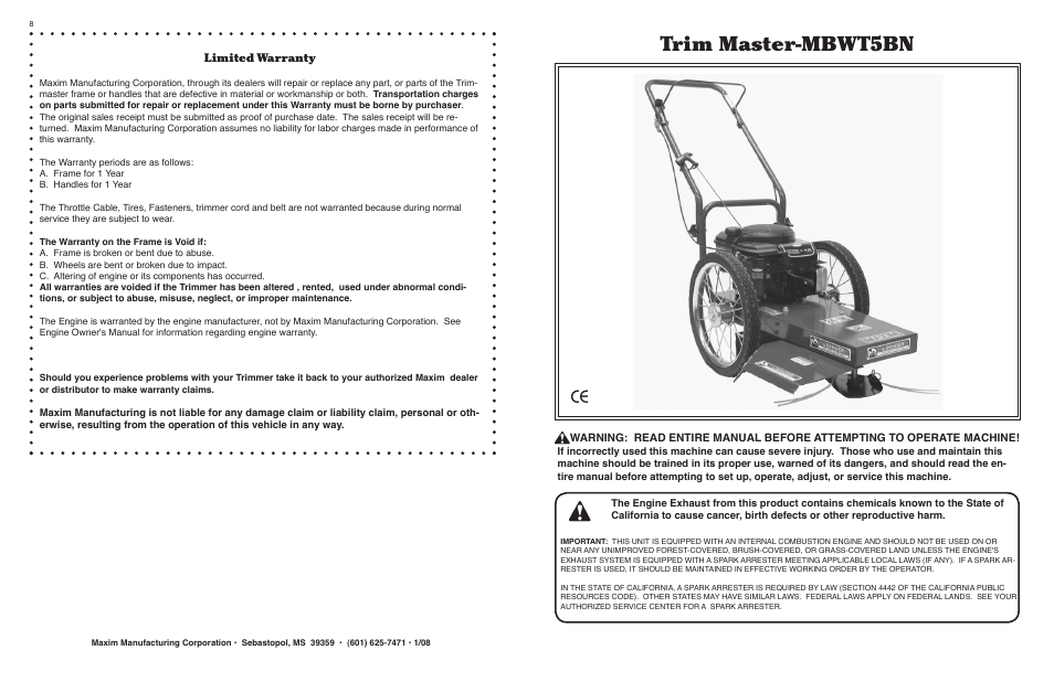 Maxim Manufacturing MBWT5BN User Manual | 4 pages